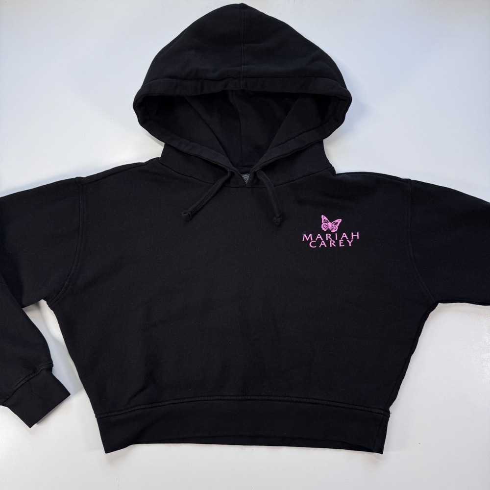 Mariah‎ Carey Butterfly Cropped Hoodie Sweatshirt Black Pink Logo Womens XL